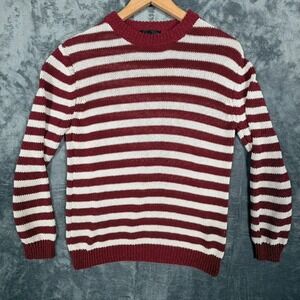 Zara Womens Sweater M Burgundy White Striped Knit‎ Pullover Long Sleeve